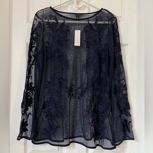 WHBM Dark Navy Floral Embroidery Long Sleeve Top - Size Small